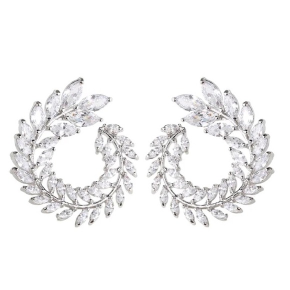 Silver Cubic Zircon Leaf CZ Wreath Rhinestone Diamond Earrings - Picture 7 of 7